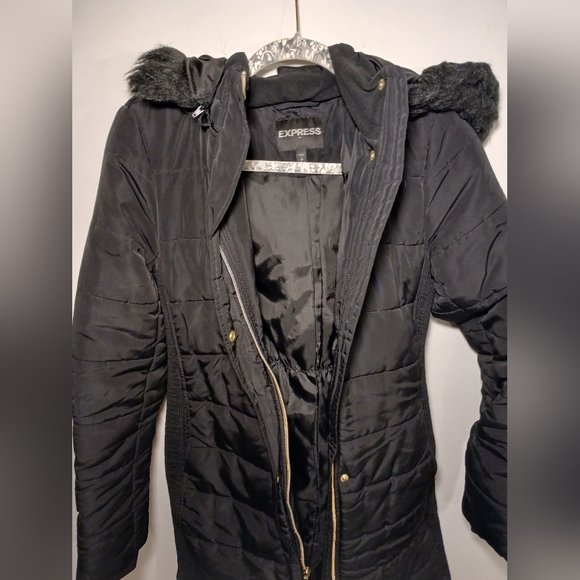 Express Hooded Black Puffer Coat with Gold Details - Picture 9 of 11